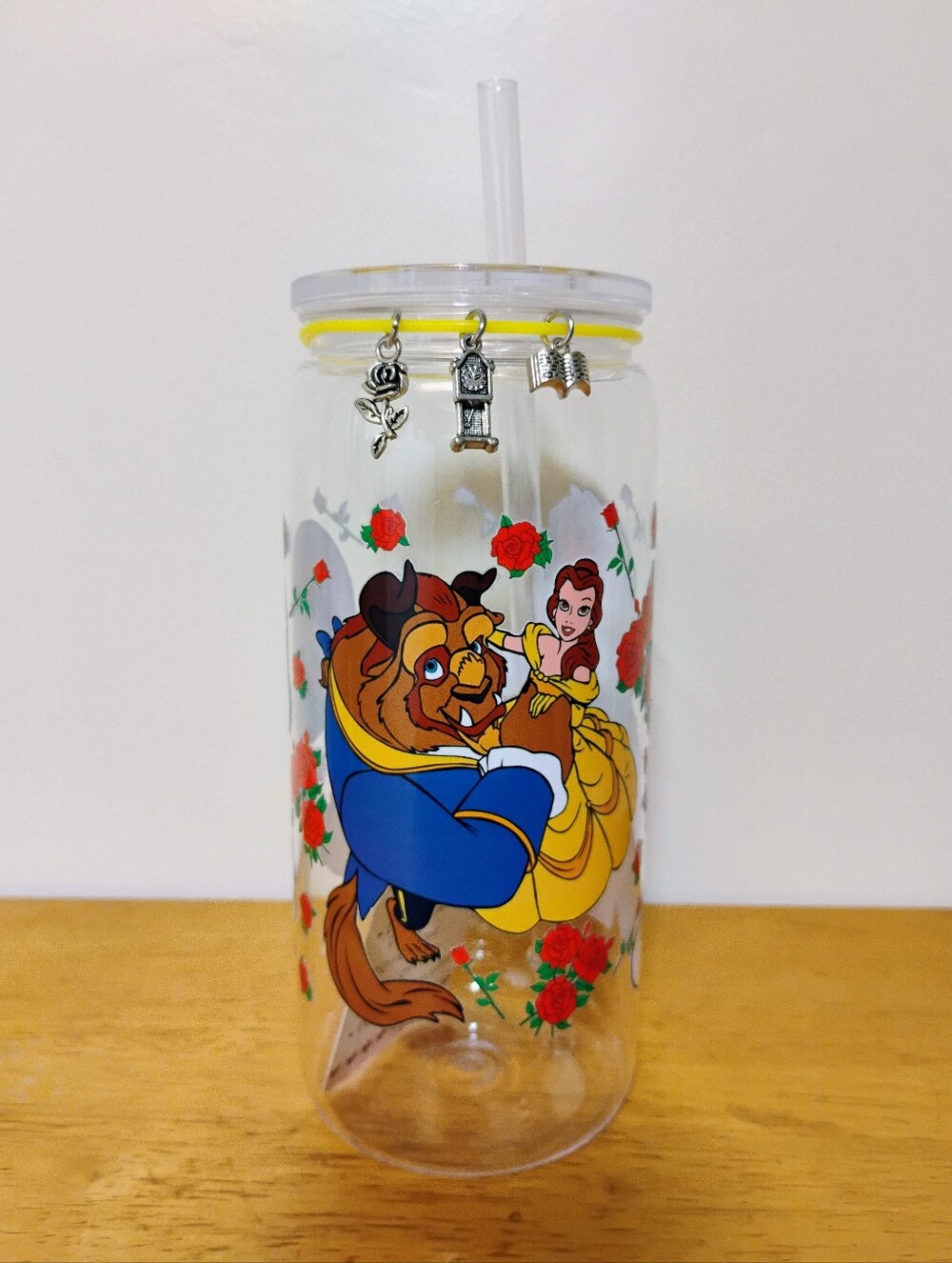 *HANDMADE* BEAUTY AND THE BEAST ACRYLIC TUMBLER WITH CHARMS 16 oz.